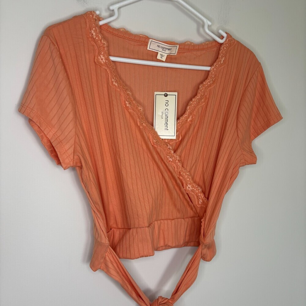 NO COMMENT NEW Knit Ribbed V-Neck Top Womens XL Lace Orange Tie Cropped Short Sl